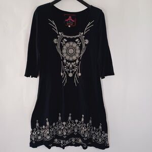 Johnny Was JWLA Dress‎ Large Embroidered Stretch Boho Hippie Vntg Dreamcatcher